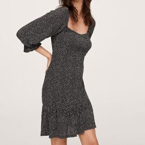 Mango‎ Black & White Polka Dot Square Neck Tiered Mini Dress Size M